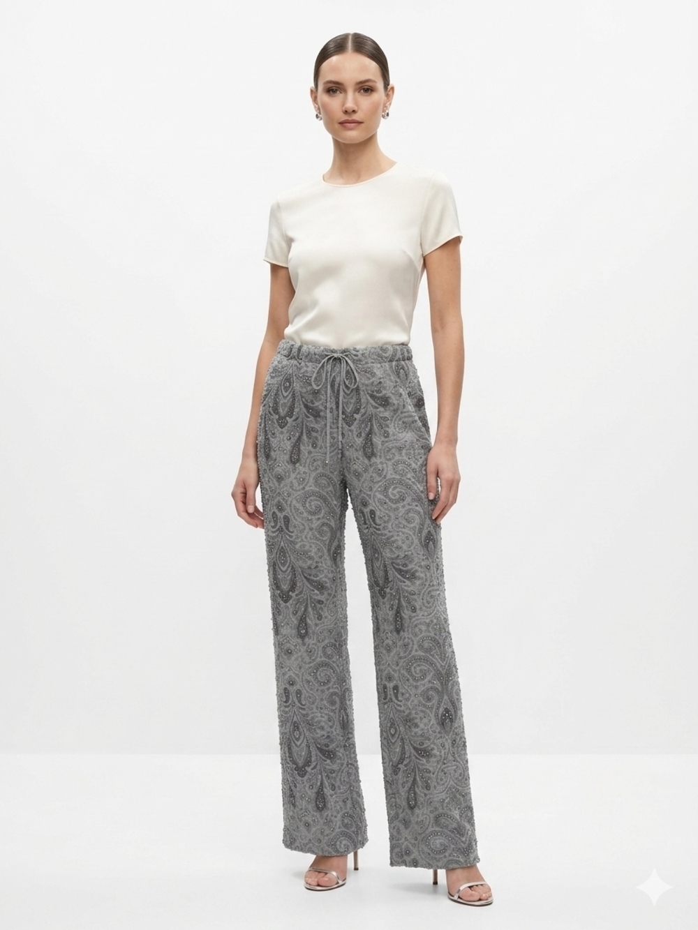 Sheri Bodell Gray Beaded Paisley Wide-Leg Pants 100% Silk